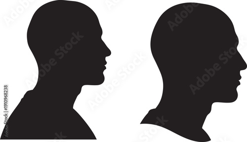 Profile Silhouettes of Two Men's Heads, Black and White Vector Art, Isolated on White, Representing Identity, Individuality, or Human Connection