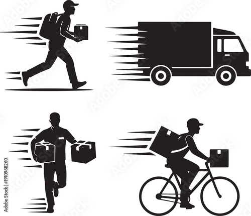 Delivery Service Icons: Courier Running with Package, Truck, Cyclist, and Courier with Box, Vector Art, Black and White, Representing Fast Shipping and Logistics