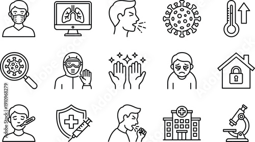 Linear vector icon set for healthcare and medical safety featuring virus prevention face masks lung scans fever thermometers hospital buildings and laboratory research symbols