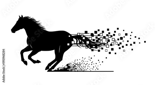 A galloping horse silhouette disintegrates into geometric shapes and pixels, transforming into digital data, showcasing dynamic motion and technology fusion.
