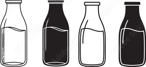 Four glass bottles filled with liquid, two with white outline and two solid black