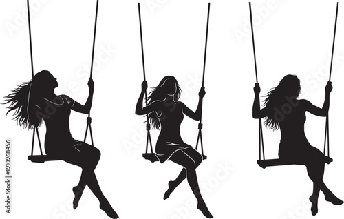 Three silhouettes of women sitting on swings, enjoying a breezy day outdoors