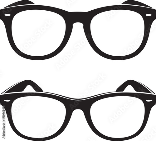 Two pairs of classic hipster-style glasses, black frames, outlines and solid