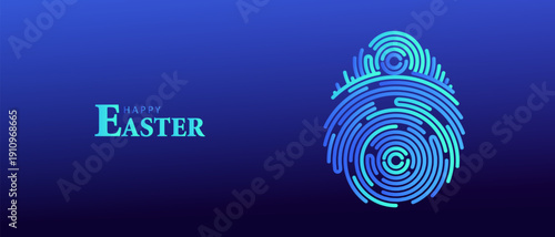 Easter egg with particles round lines in blue and green gradients. Technology easter holiday card with egg in turing and fingerprint pattern. Vector illustration.