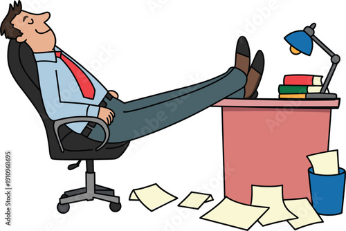 Relaxed businessman character sitting at office desk with feet up, lazy employee dreaming at workplace illustration