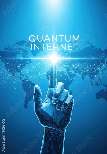 Futuristic quantum internet concept with digital hand touching a bright light