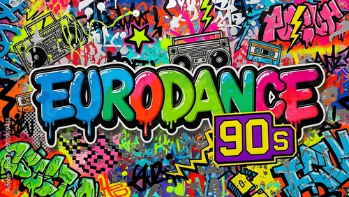 Retro 90s Eurodance music explosion with graffiti art and boombox