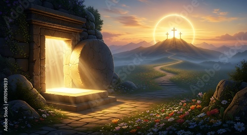 Easter sunrise the empty tomb and resurrection of jesus christ on easter morning