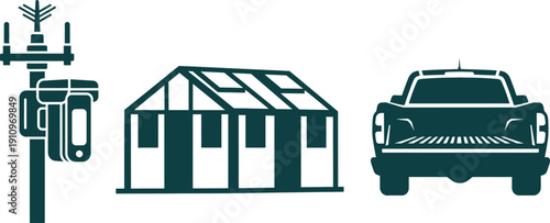 Communication tower greenhouse and pickup truck on white background antenna agriculture