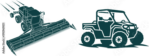 Combine harvester with extended header and utility vehicle icons all terrain vehicle farm equipment