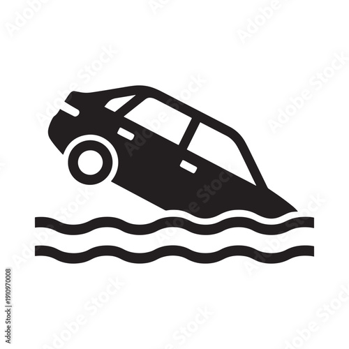 A black silhouette illustration depicts a car sinking into wavy water