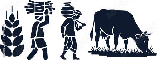 Indian Farmer with Wheat, Pot, and Cow Silhouettes on White Background Keywords: agriculture, farmer, man, person, wheat, grain