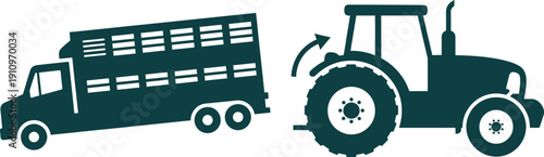 Livestock trailer truck and tractor with turning arrow on white background agriculture