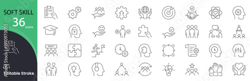 Soft Skills icon set. Personal and professional development related line icons. communication, leadership, teamwork, time management, adaptability, creativity, problem and solving . Editable stroke.