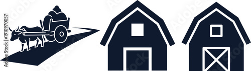 Ox cart and barn icons agriculture farming