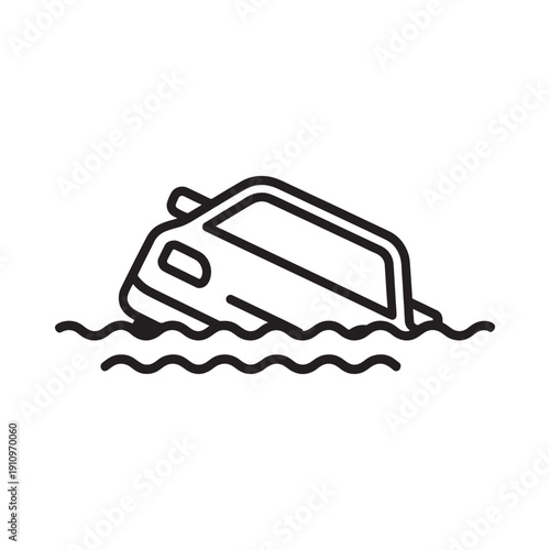 Simple line drawing of a sinking boat on wavy water