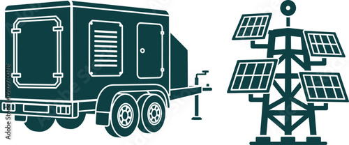Portable generator trailer and solar panel tower icons renewable energy power generation