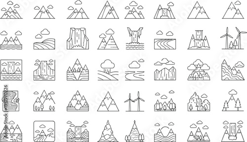 Hand Drawn Mountain Landscape Icon Set with Rivers Waterfalls Forests Peaks and Natural Scenery Outline Vector Collection