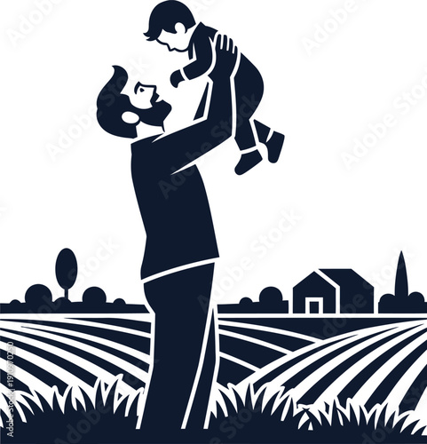Father Lifting Baby in Field with Farmhouse Silhouette vector illustration