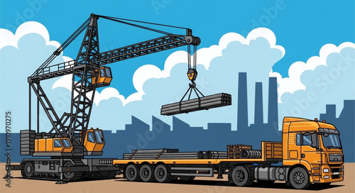 Crane Lifting Heavy Load on Truck.
