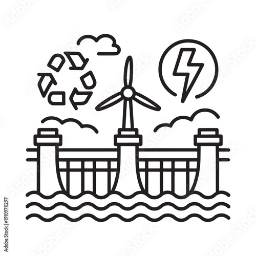 Line art depiction of a hydroelectric and wind power generation setup