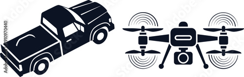 Silhouette of a Pickup Truck and a Drone with Propellers vehicle quadcopter