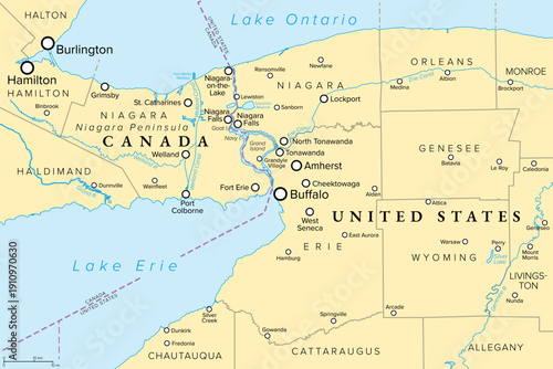 Niagara Peninsula, River, and Falls, political map. The Niagara Region of Canada, and the Niagara Frontier of the United States, a stretch of land, south of Lake Ontario and north of Lake Erie. Vector