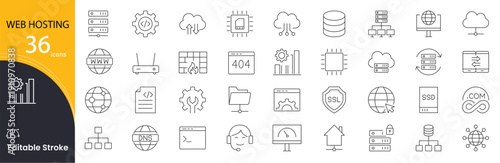 Web Hosting icon set. Internet and server related line icons. domain, cloud, database, server, bandwidth, storage, DNS, control panel, SSL, IP address and more. Editable stroke.