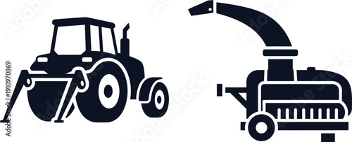 Silhouette of a Tractor with Front Loader and a Forage Harvester farm equipment agriculture