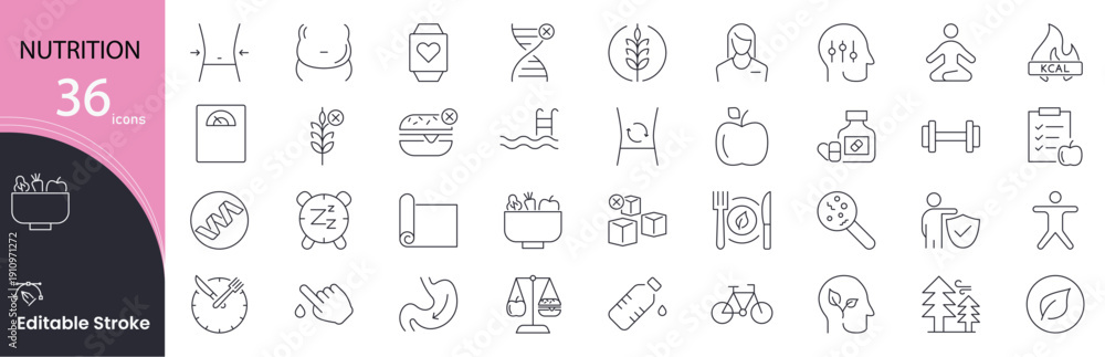 Obraz premium Nutrition icon set. Health and food related line icons. vitamins, minerals, balanced diet, nutrients, meal plan, organic food, calorie, protein, fruits and vegetables Editable stroke. 