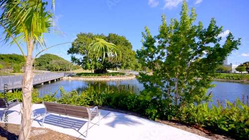 Nature scene in the park shot in gimbal stabilized motion video. Bayshore Park Miami Beach 2026 4k 60p