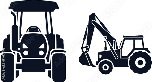 Silhouetted Tractor and Excavator on White Background construction agriculture