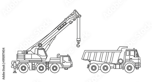 Crane Truck and Dump Truck Illustration.