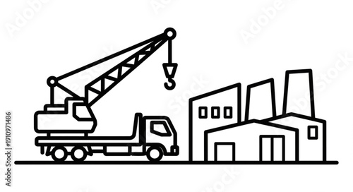Crane Truck at Industrial Building Site.