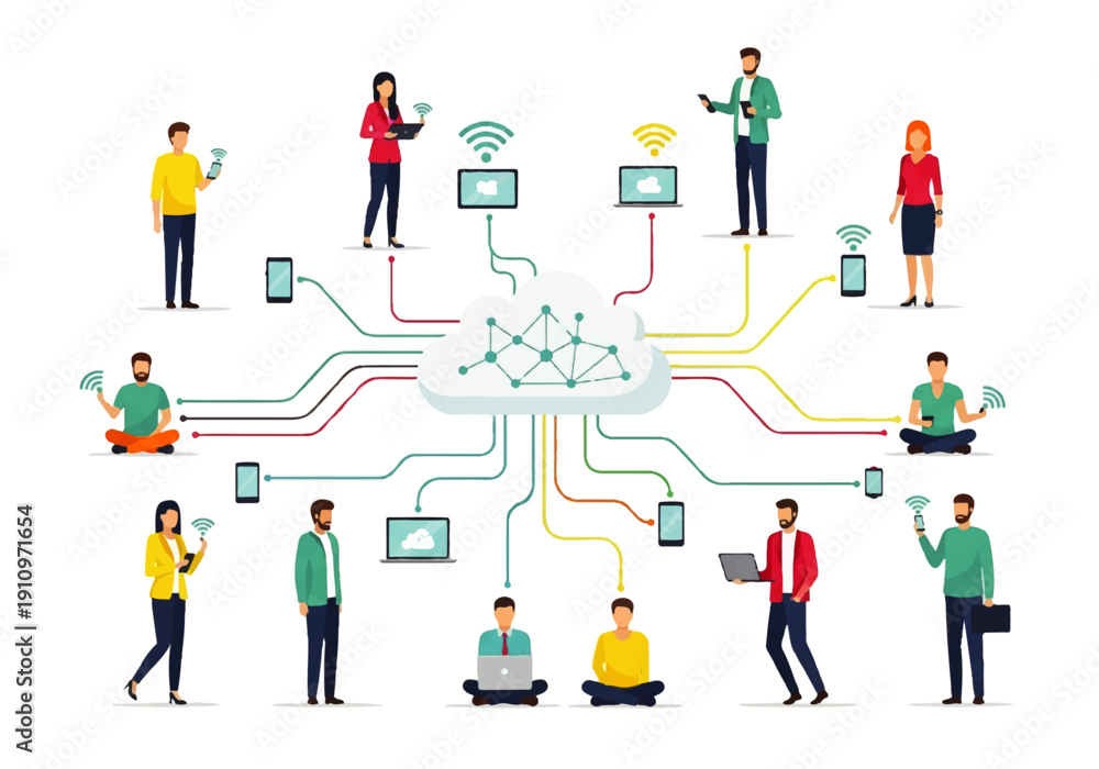 Fototapeta premium Diverse professionals connected through a cloud-based digital network.