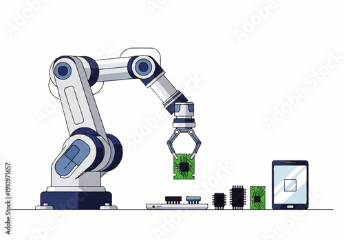 Industrial robotic arm assembling electronic components with tablet control interface.