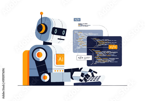 Illustration of a friendly robot programmer coding artificial intelligence applications.