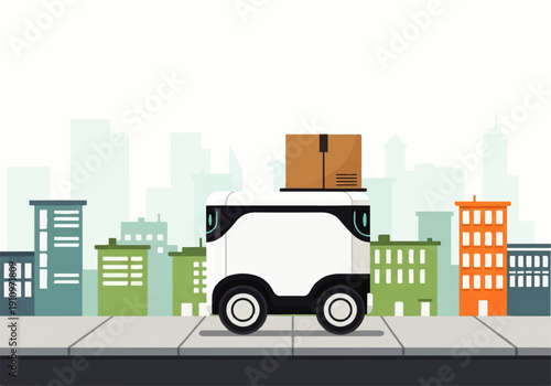 Small white delivery van carrying cardboard boxes through urban street skyline.