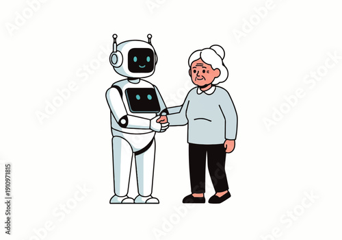Cartoon robot shaking hands with an elderly woman showing companionship and care.