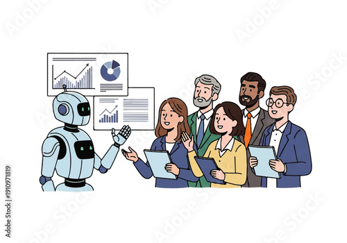 Business team interviewing a humanoid robot during analytics presentation.