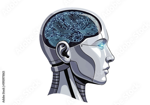 Futuristic humanoid robot head with visible neural circuitry.