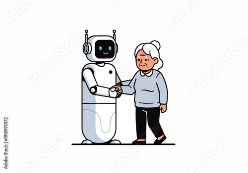 Friendly humanoid robot assisting elderly woman with walking support.