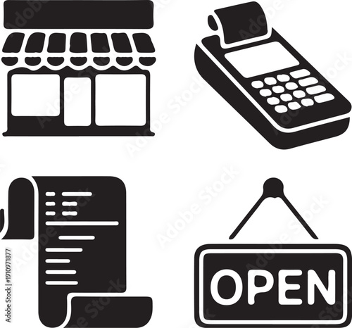 hand drawn shop shopping bill open black icon set vector illustration design collection 