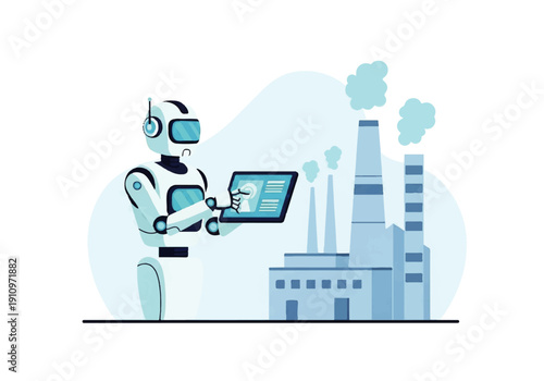 Humanoid robot monitoring factory emissions with digital tablet.