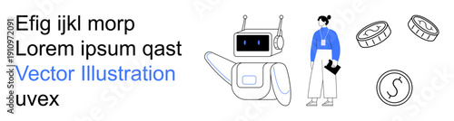 Artificial intelligence, fintech, robotics, teamwork, modern technology, blockchain. A robot interacts near a human figure with coins displayed. Artificial intelligence and fintech concept