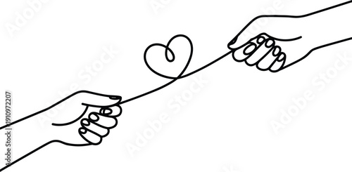 Two Hands Holding String Forming Heart Shape, Connection Concept, Minimalist Line Art