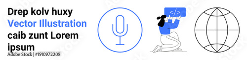 Digital tools, voice recognition, coding, global connection, media, technology integration. A microphone icon, a coder holding a screen and a globe outline. Voice recognition and coding concept