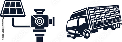 Solar Panel Connected to a Camera and a Delivery Truck Silhouette security surveillance