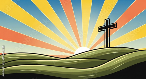 Christian cross on a grassy hill at sunrise symbolizing hope and new beginnings with vibrant sunburst rays in the background