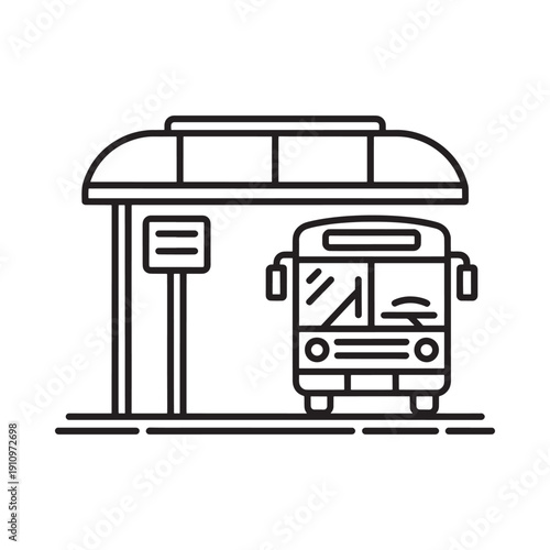 Simple line drawing of a bus arriving at a bus stop shelter